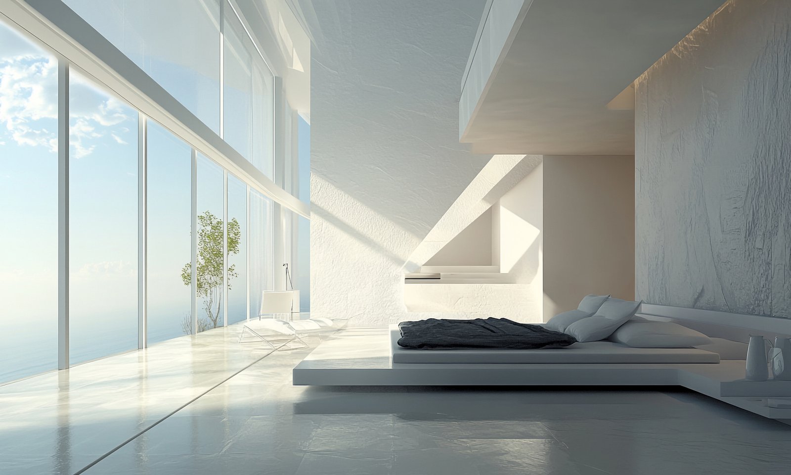 minimalist bedroom with ocean view, featuring a low platform bed and a serene color palette for a relaxing and luxurious experience.