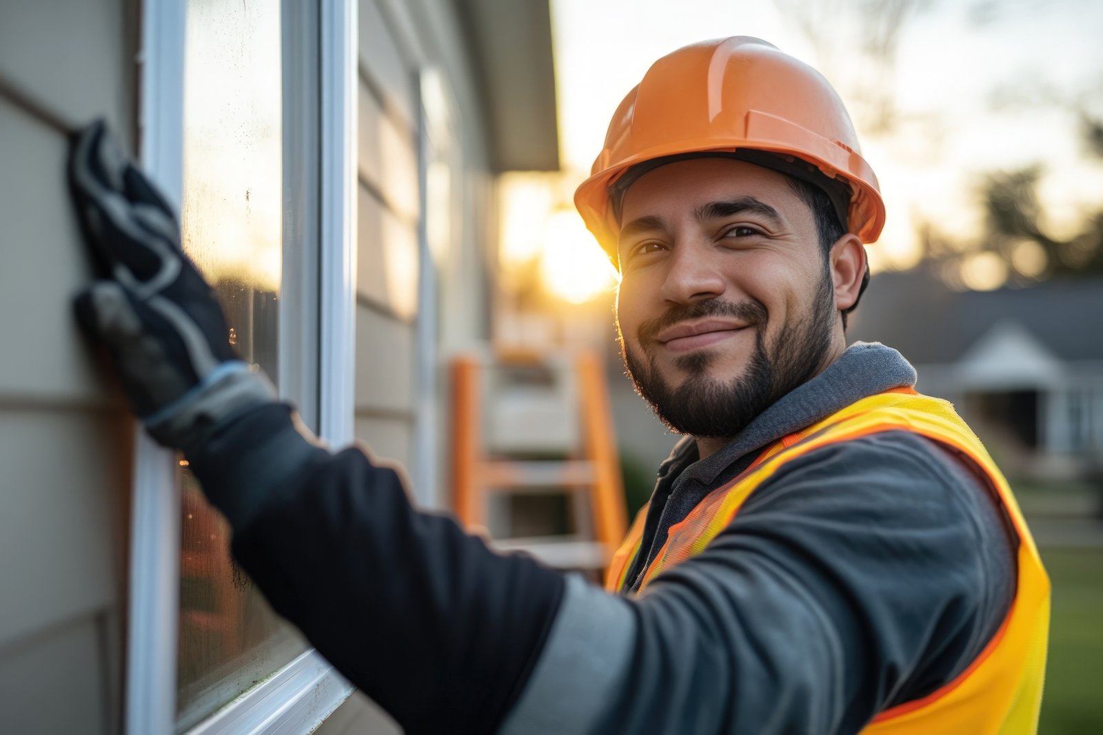 smiling worker checks new window installation