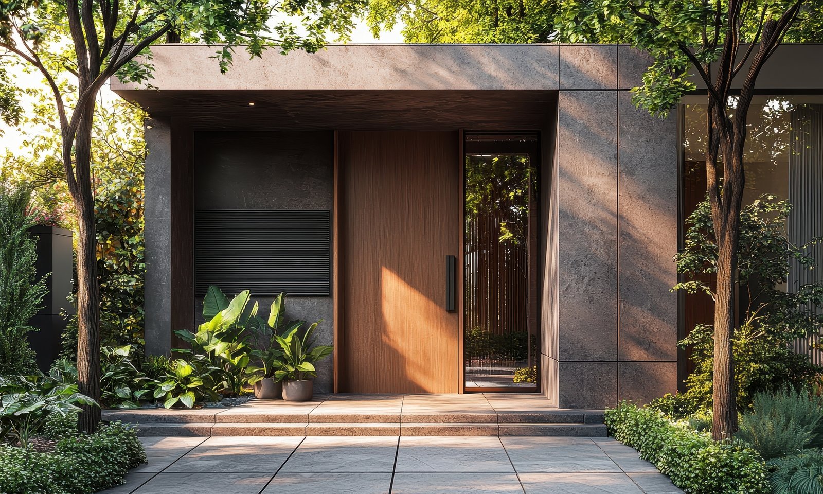 modern entryway with large wooden door surrounded by lush plants outdoor background copyspace
