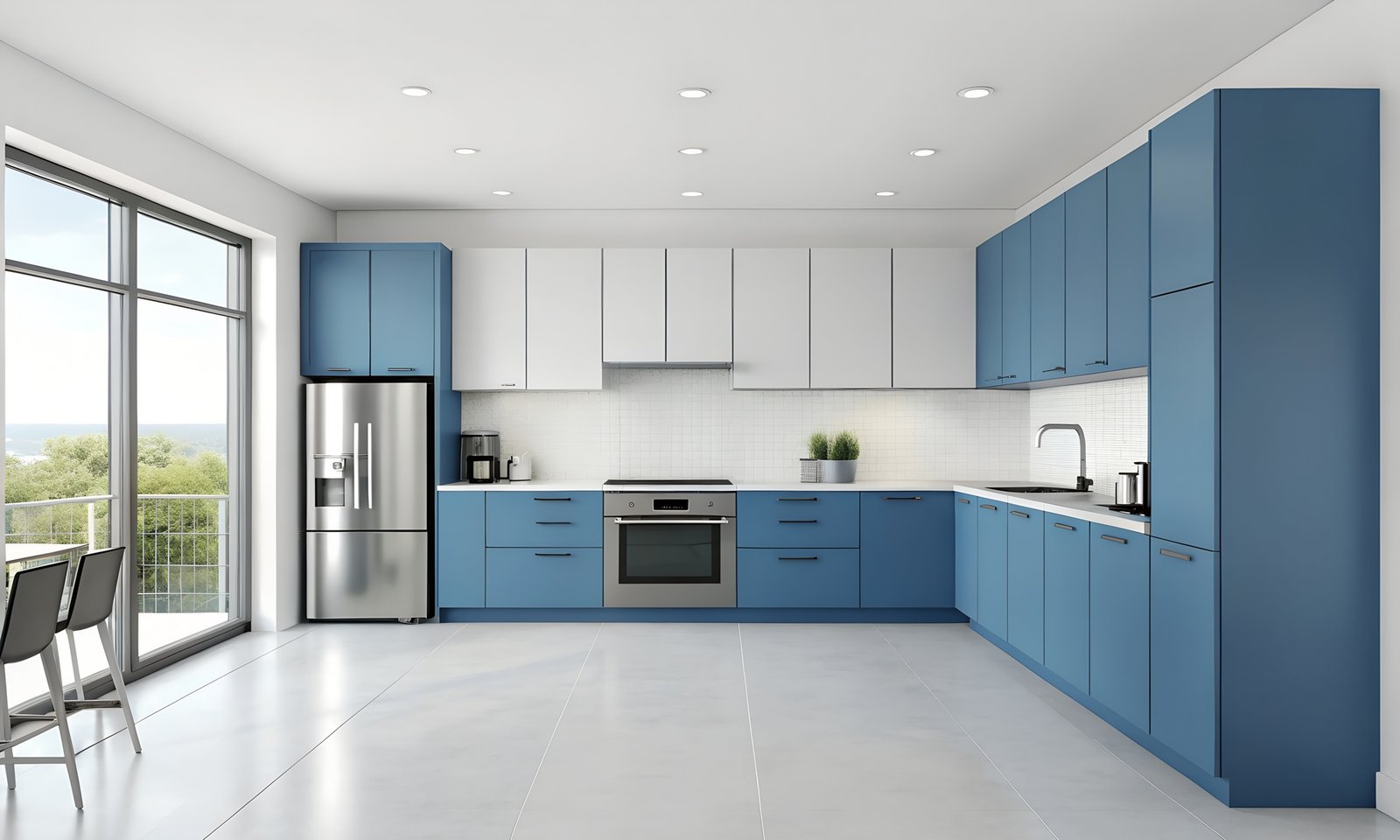 modern kitchen interior design with blue cabinets and ocean view