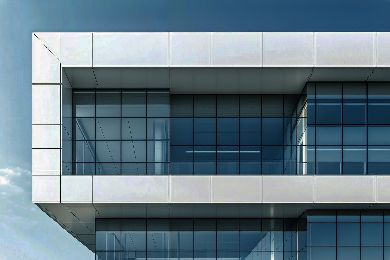 modern architectural design of a glass building with unique features in a clear blue sky